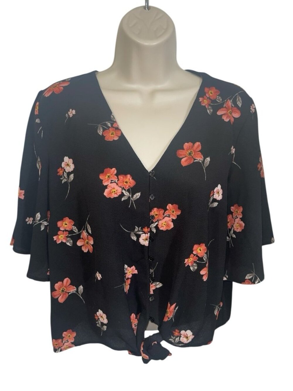 LUSH Women's Size Medium Black Floral Button Up Tie Front Blouse